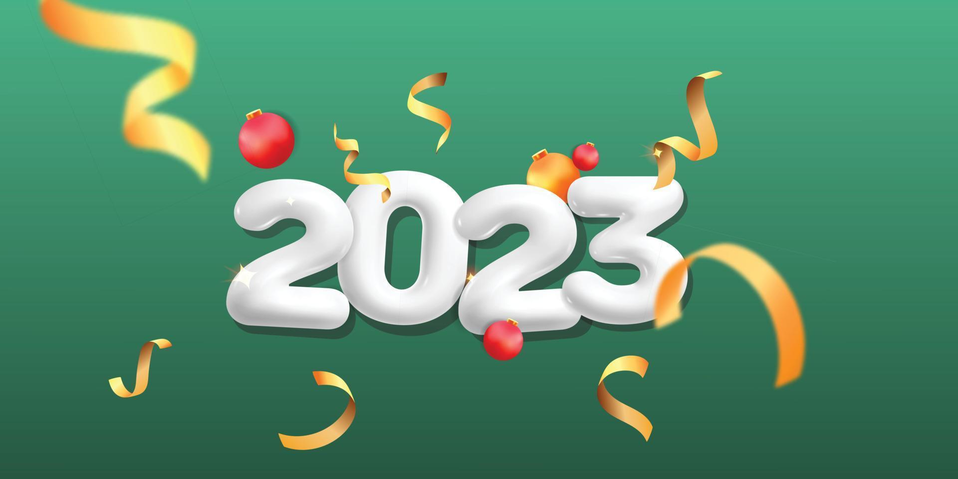 modèle de bannière de vacances vecteur 3d bonne année 2023 fond vert avec décoration de confettis torsadés or volant conception de boule rouge