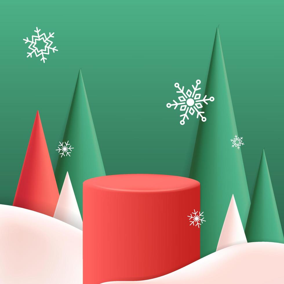 3d vecteur dessin animé rendre podium stade cône forme pin arbres cadeau boîte hiver paysage vacances joyeux noël bannière maquette conception
