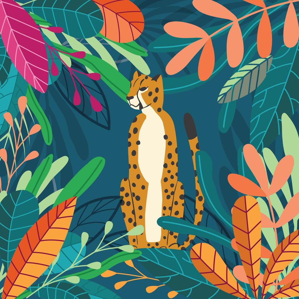 guépard gros chat assis sur fond tropical foncé vecteur