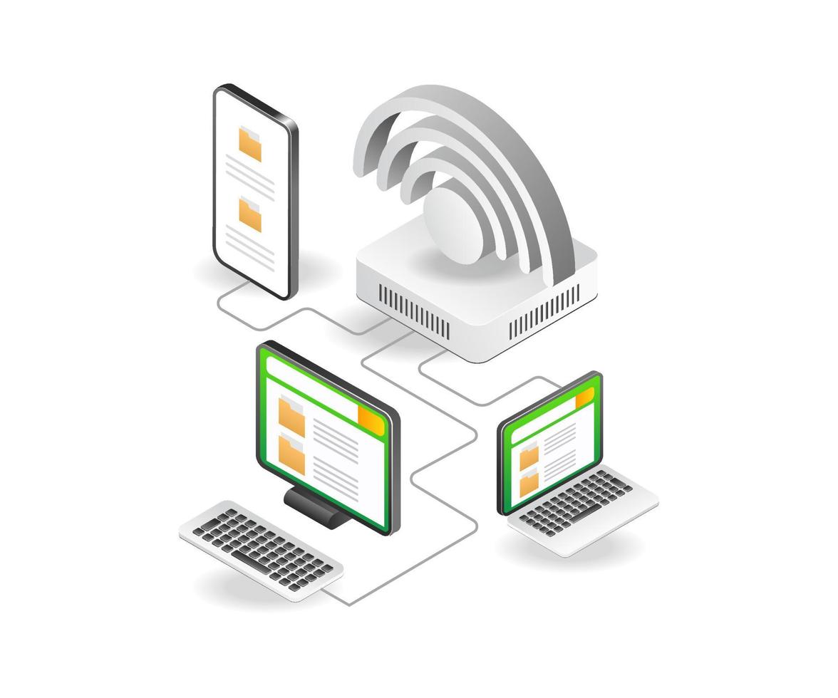 concept d'illustration isométrique à plat de données de partage de réseau avec wifi vecteur