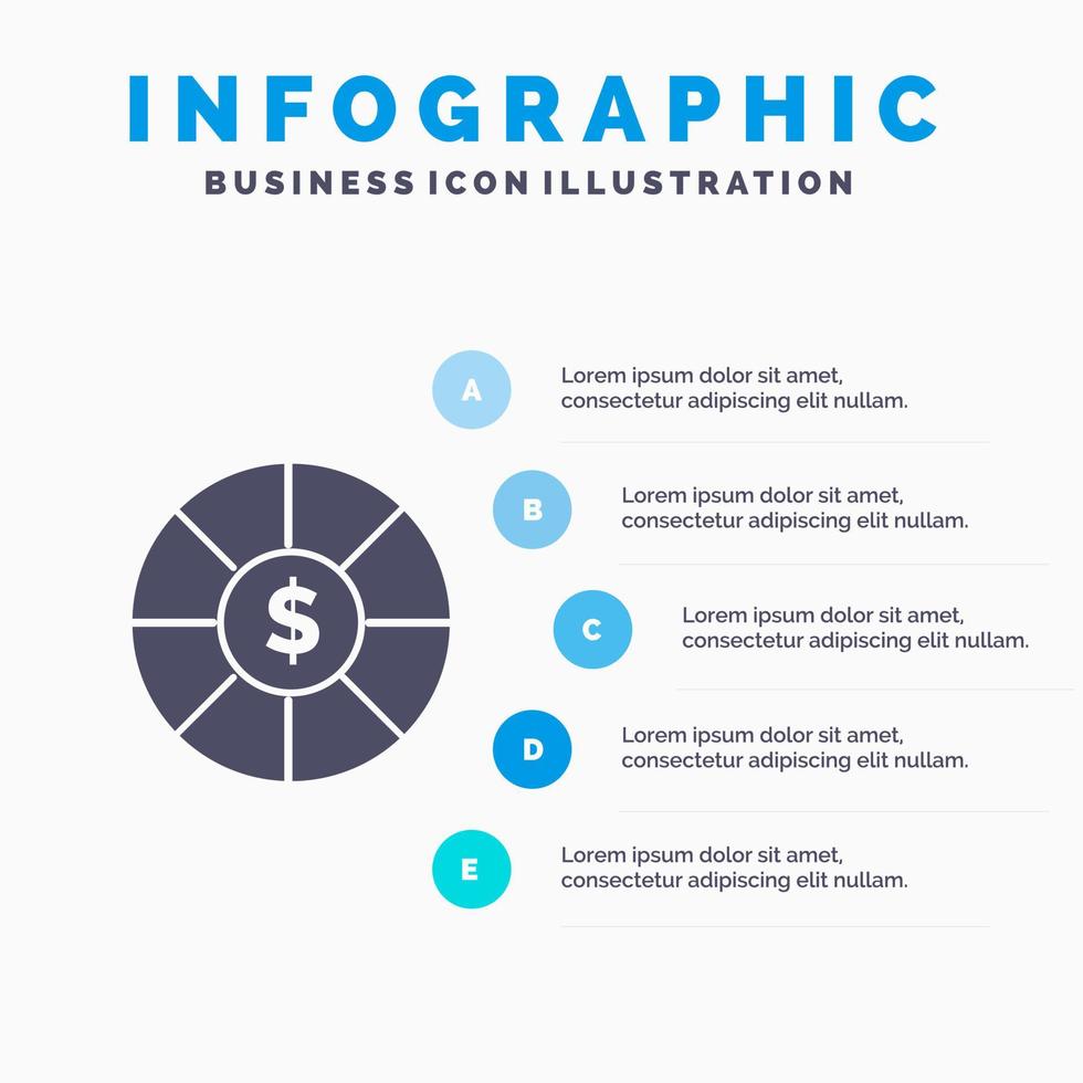 pièce de monnaie dollar solide icône infographie 5 étapes présentation fond vecteur