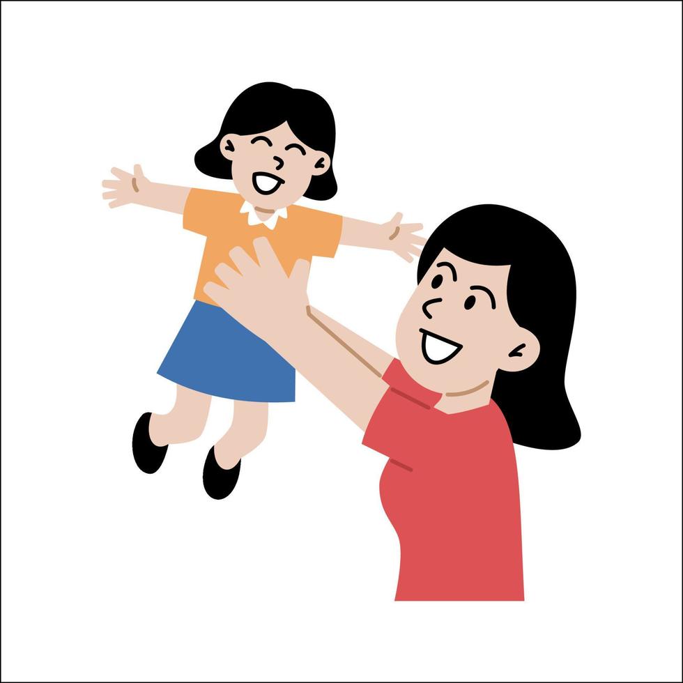 famille heureuse avec enfants. mère jouant avec sa fille. personnages de dessins animés mignons isolés sur fond blanc. illustration vectorielle colorée dans un style plat. vecteur