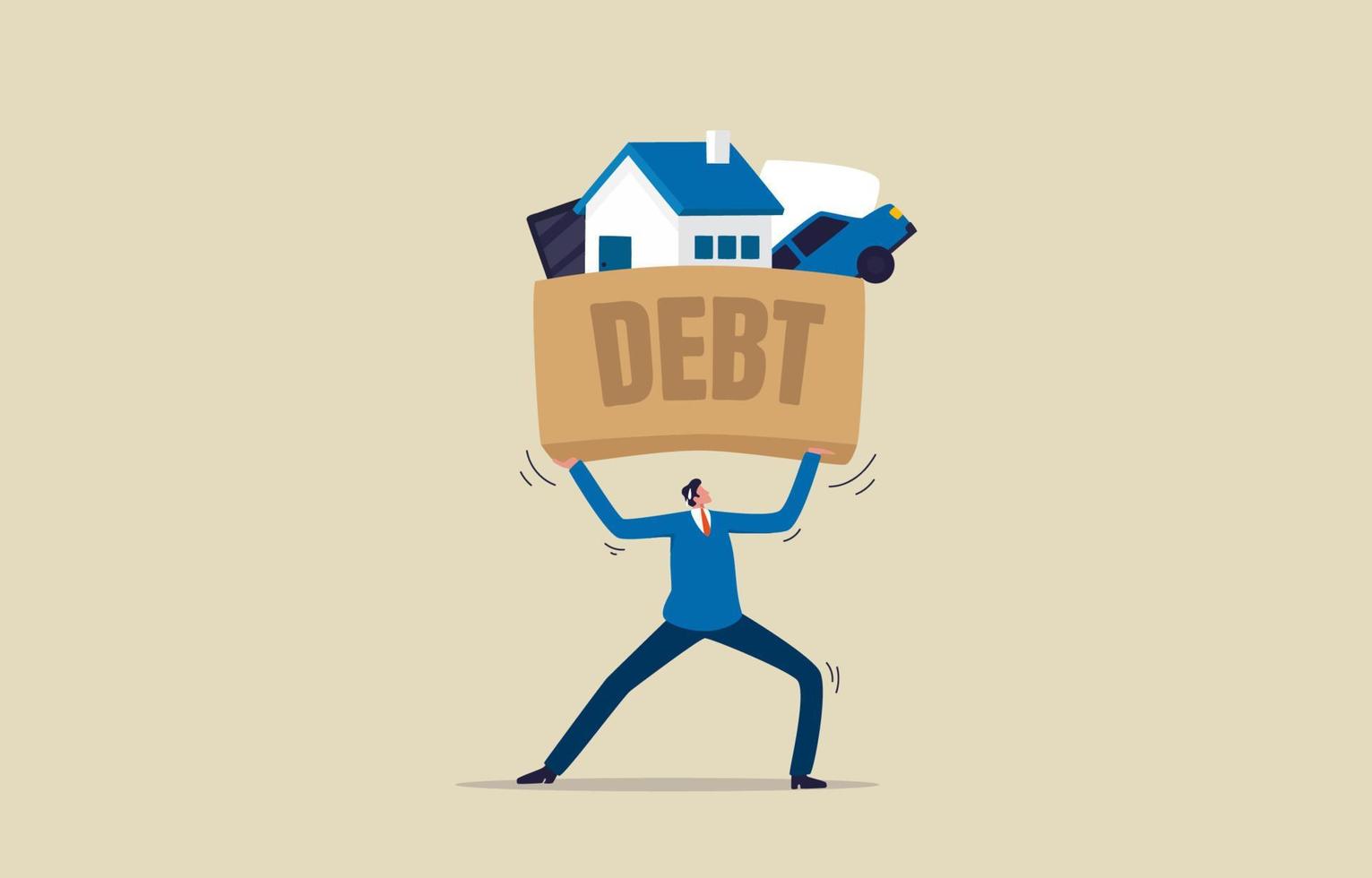 concept de crise financière et de fardeau de la dette. homme d'affaires debout tenant la boîte avec le signe de la dette. illustration vecteur