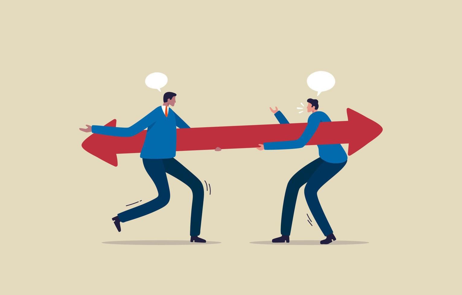 choix et trouver ou choisir le bon chemin. direction commerciale différente ou conflit d'équipe. deux hommes d'affaires tenant une flèche en position opposée. illustration vecteur