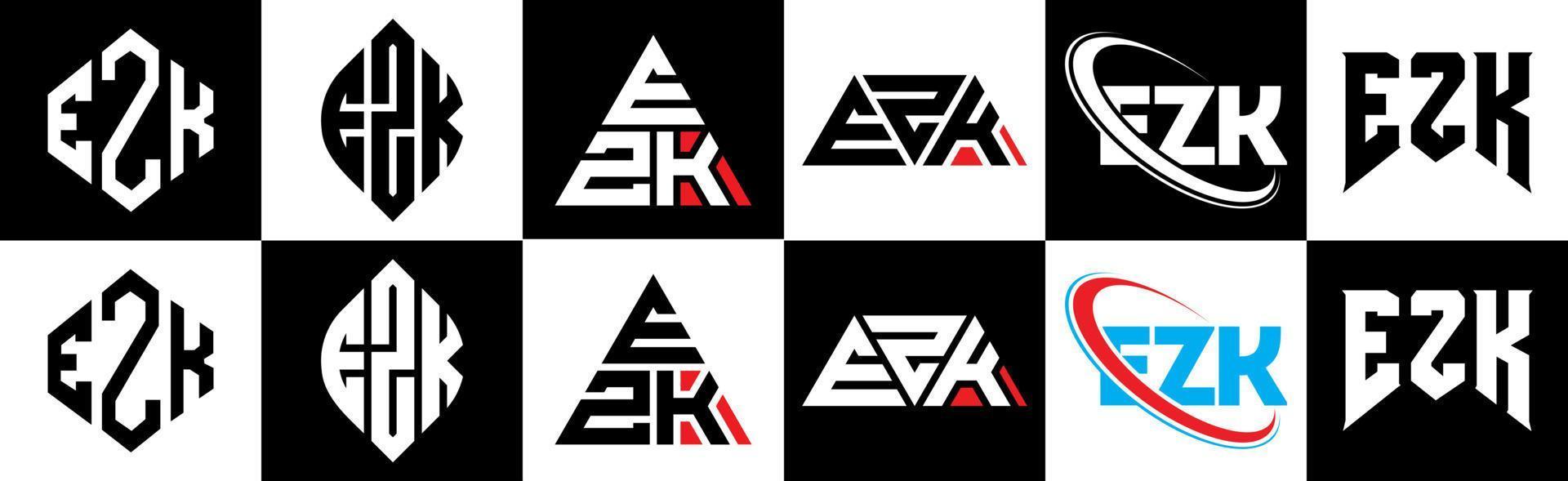 création de logo de lettre ezk en six styles. polygone ezk, cercle, triangle, hexagone, style plat et simple avec logo de lettre de variation de couleur noir et blanc dans un plan de travail. logo minimaliste et classique ezk vecteur