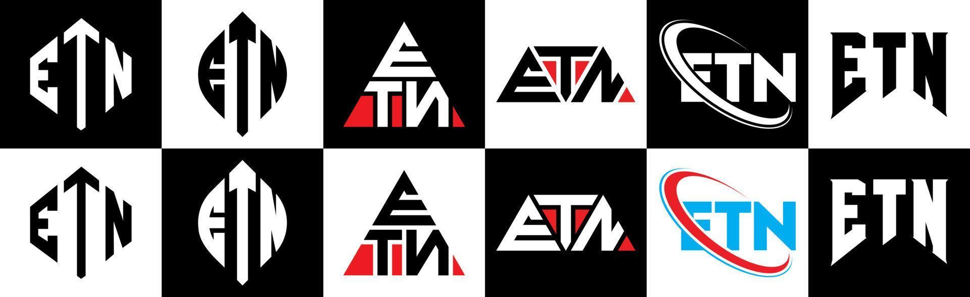 création de logo de lettre etn en six styles. etn polygone, cercle, triangle, hexagone, style plat et simple avec logo de lettre de variation de couleur noir et blanc dans un plan de travail. etn logo minimaliste et classique vecteur