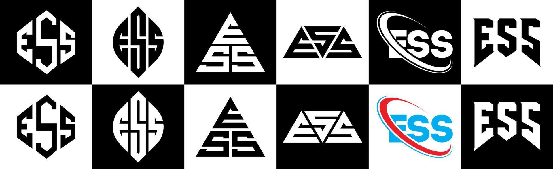 création de logo de lettre ess en six styles. ess polygone, cercle, triangle, hexagone, style plat et simple avec logo de lettre de variation de couleur noir et blanc dans un plan de travail. ess logo minimaliste et classique vecteur