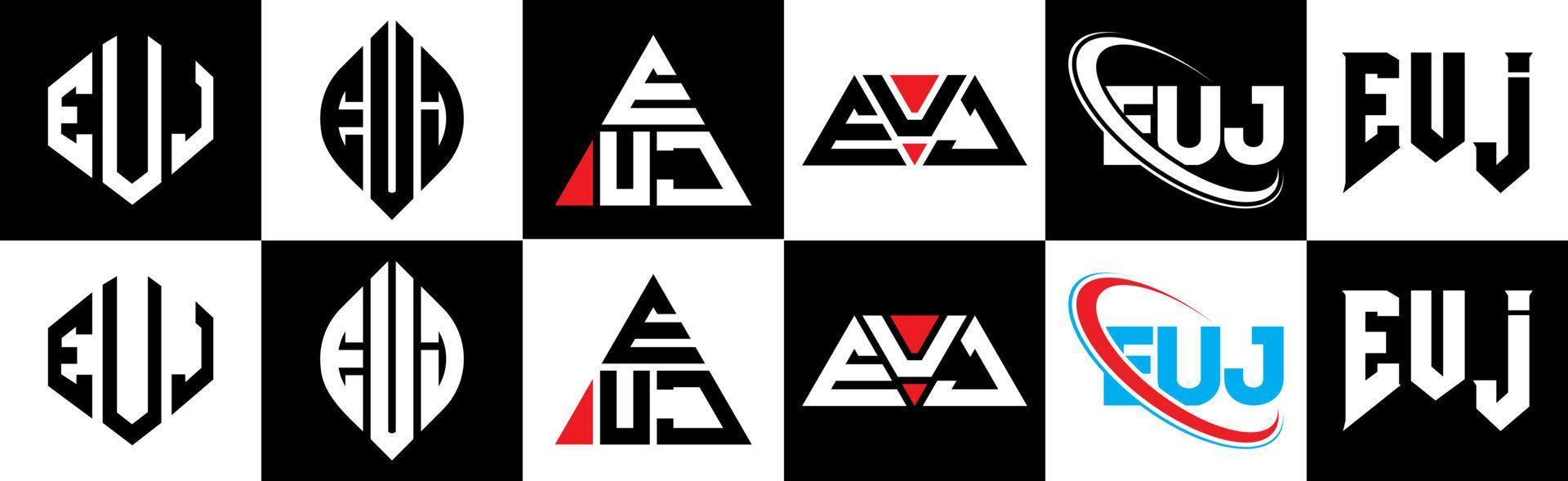 création de logo de lettre euj en six styles. euj polygone, cercle, triangle, hexagone, style plat et simple avec logo de lettre de variation de couleur noir et blanc dans un plan de travail. euj logo minimaliste et classique vecteur