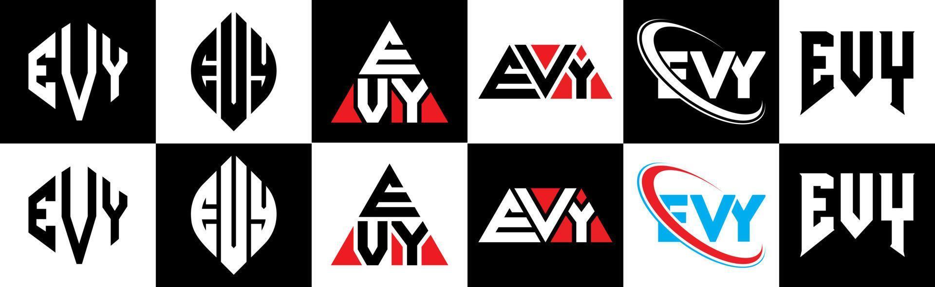 création de logo de lettre evy en six styles. evy polygone, cercle, triangle, hexagone, style plat et simple avec logo de lettre de variation de couleur noir et blanc dans un plan de travail. logo minimaliste et classique evy vecteur