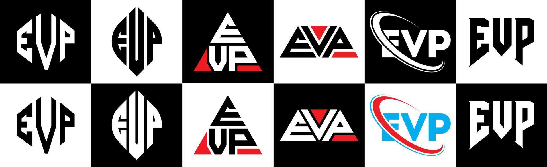 création de logo de lettre evp en six styles. evp polygone, cercle, triangle, hexagone, style plat et simple avec logo de lettre de variation de couleur noir et blanc dans un plan de travail. logo minimaliste et classique evp vecteur