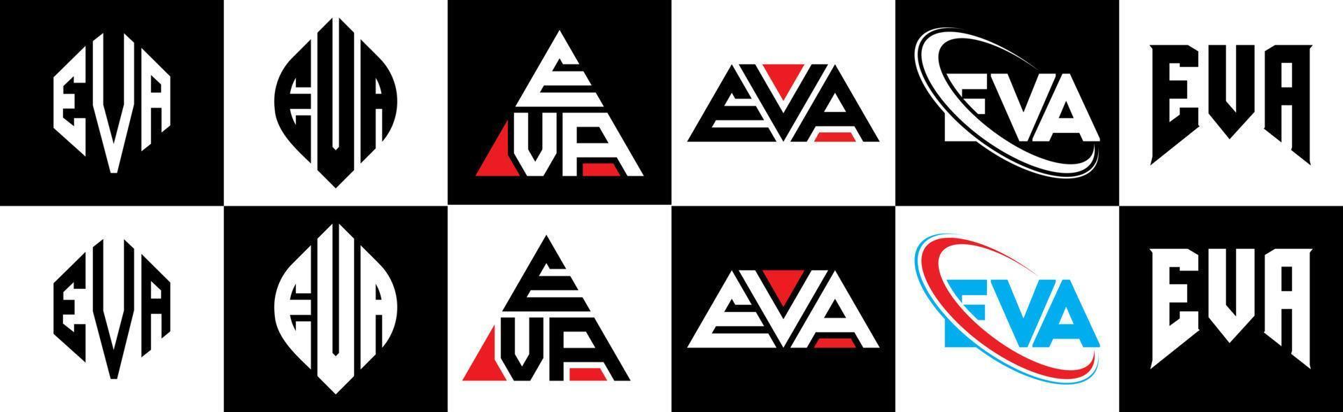 création de logo de lettre eva en six styles. polygone eva, cercle, triangle, hexagone, style plat et simple avec logo de lettre de variation de couleur noir et blanc dans un plan de travail. eva logo minimaliste et classique vecteur