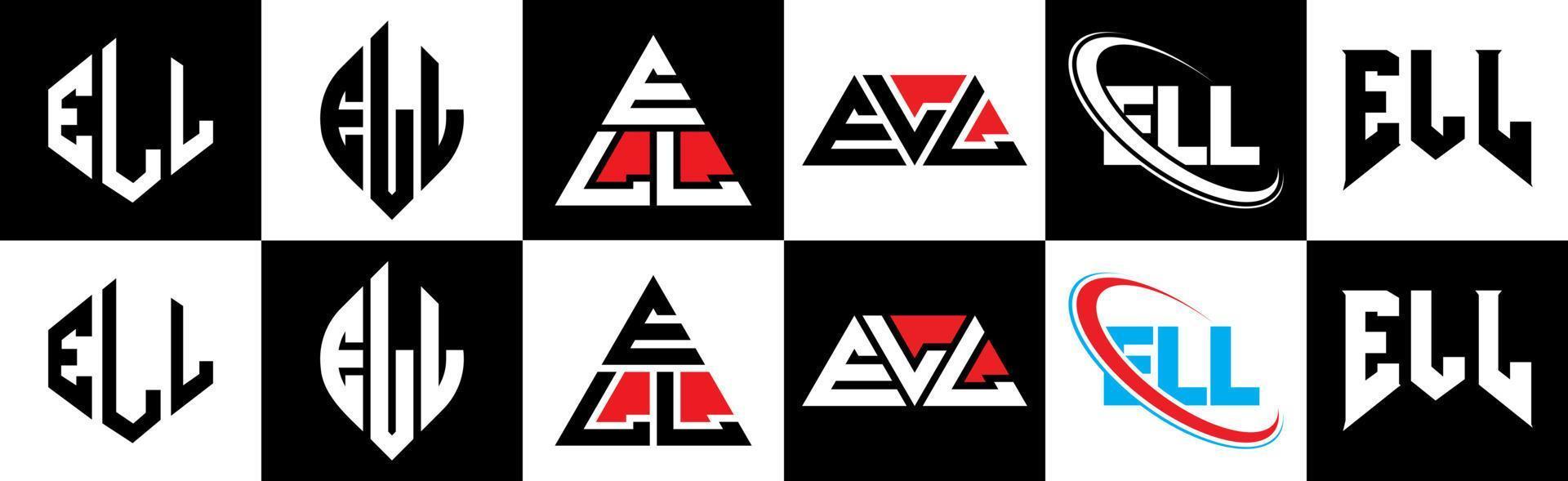 création de logo de lettre ell en six styles. ell polygone, cercle, triangle, hexagone, style plat et simple avec logo de lettre de variation de couleur noir et blanc dans un plan de travail. ell logo minimaliste et classique vecteur