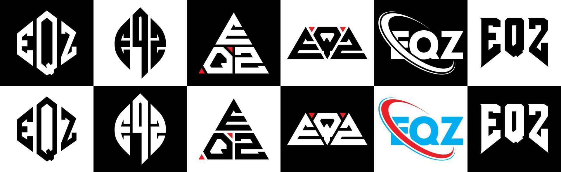 création de logo de lettre eqz en six styles. polygone eqz, cercle, triangle, hexagone, style plat et simple avec logo de lettre de variation de couleur noir et blanc dans un plan de travail. logo minimaliste et classique eqz vecteur