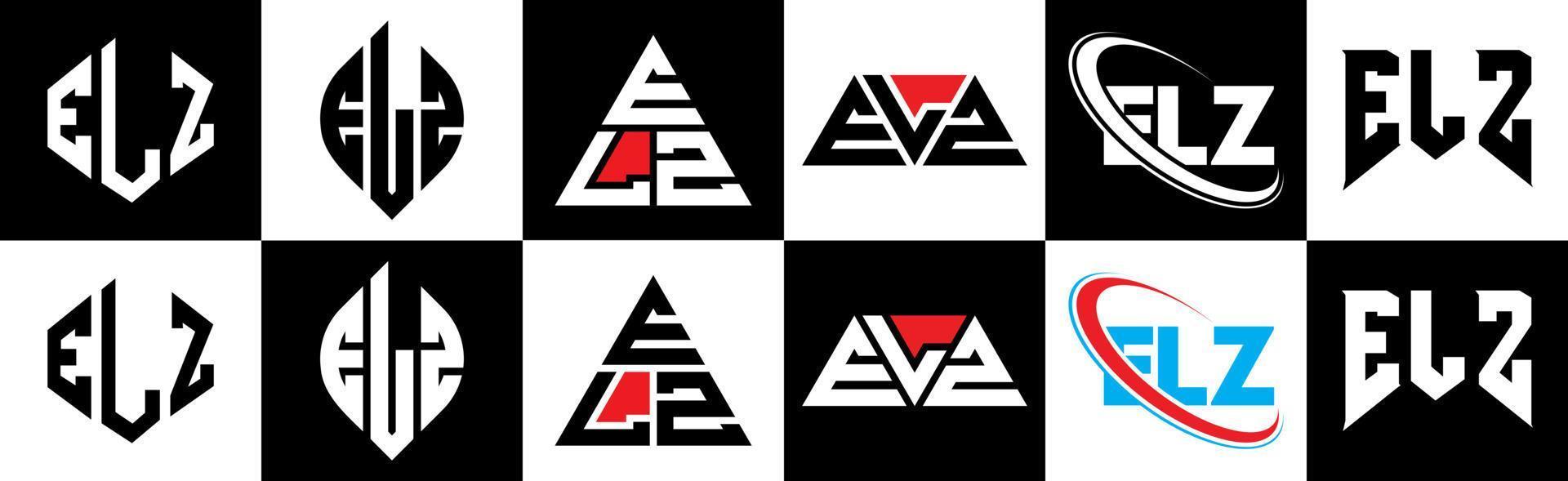 création de logo de lettre elz en six styles. polygone elz, cercle, triangle, hexagone, style plat et simple avec logo de lettre de variation de couleur noir et blanc dans un plan de travail. logo minimaliste et classique elz vecteur