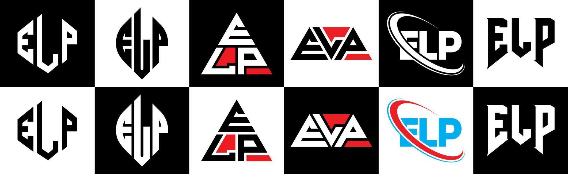 création de logo de lettre elp en six styles. polygone elp, cercle, triangle, hexagone, style plat et simple avec logo de lettre de variation de couleur noir et blanc dans un plan de travail. logo minimaliste et classique elp vecteur