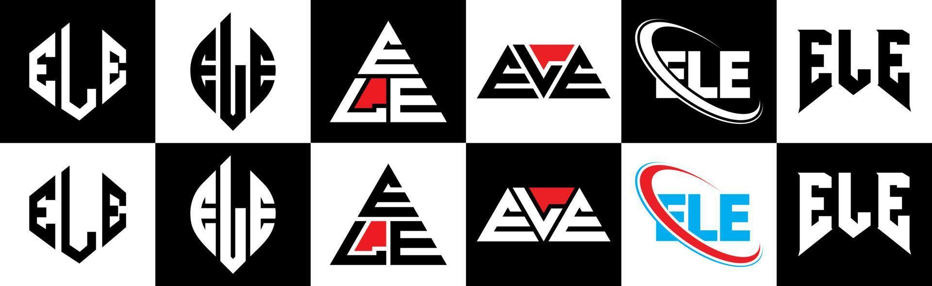 création de logo de lettre ele en six styles. ele polygone, cercle, triangle, hexagone, style plat et simple avec logo de lettre de variation de couleur noir et blanc dans un plan de travail. ele logo minimaliste et classique vecteur