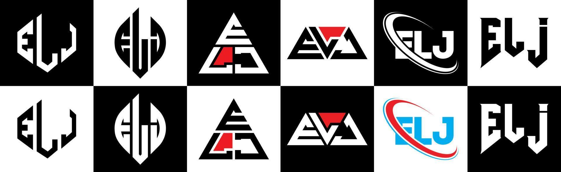 création de logo de lettre elj en six styles. polygone elj, cercle, triangle, hexagone, style plat et simple avec logo de lettre de variation de couleur noir et blanc dans un plan de travail. logo minimaliste et classique elj vecteur