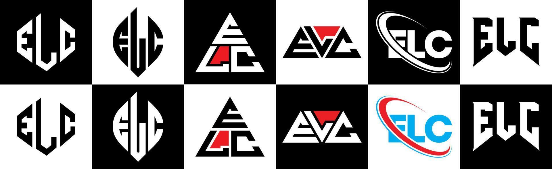 création de logo de lettre elc en six styles. polygone elc, cercle, triangle, hexagone, style plat et simple avec logo de lettre de variation de couleur noir et blanc dans un plan de travail. logo minimaliste et classique elc vecteur