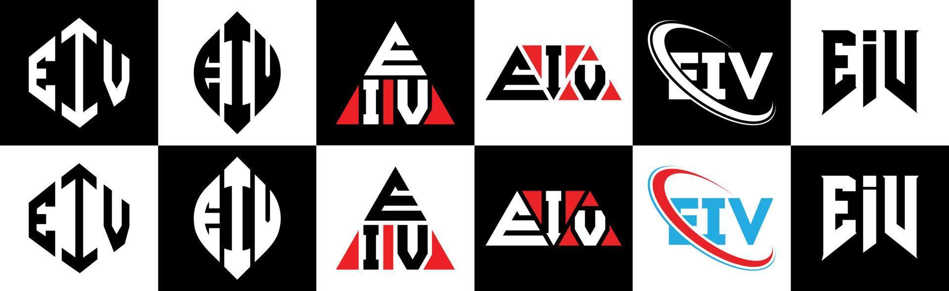 création de logo de lettre eiv en six styles. polygone eiv, cercle, triangle, hexagone, style plat et simple avec logo de lettre de variation de couleur noir et blanc dans un plan de travail. logo eiv minimaliste et classique vecteur