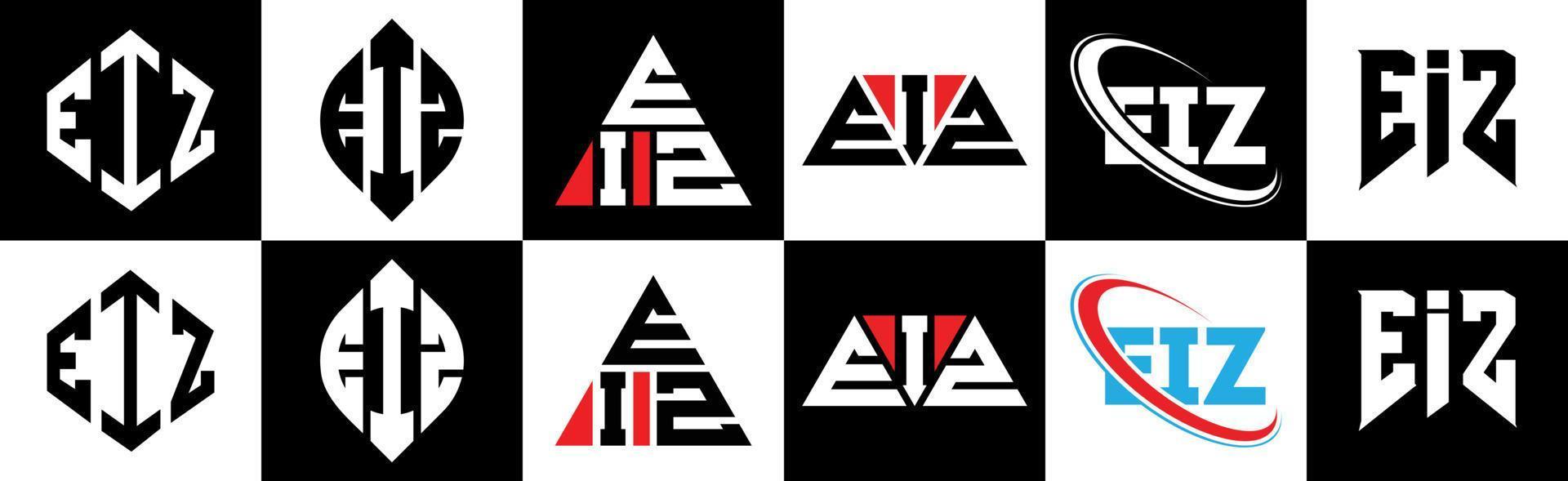 création de logo de lettre eiz en six styles. polygone eiz, cercle, triangle, hexagone, style plat et simple avec logo de lettre de variation de couleur noir et blanc dans un plan de travail. logo minimaliste et classique eiz vecteur