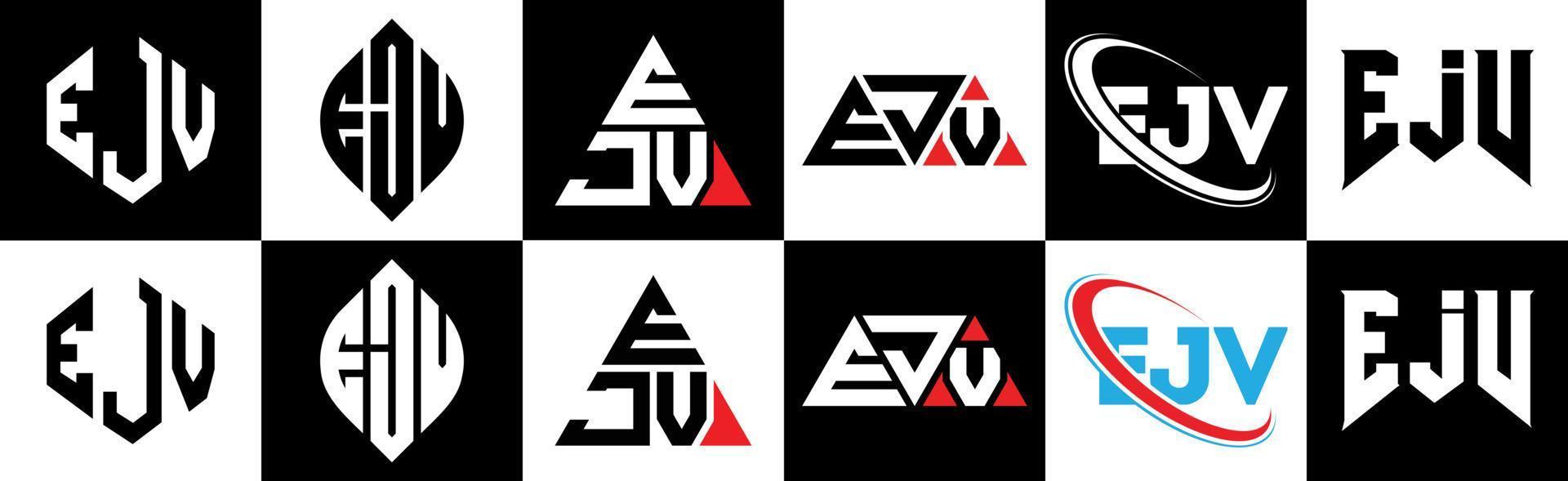 création de logo de lettre ejv en six styles. polygone ejv, cercle, triangle, hexagone, style plat et simple avec logo de lettre de variation de couleur noir et blanc dans un plan de travail. logo ejv minimaliste et classique vecteur