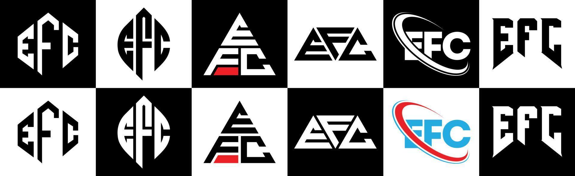 création de logo de lettre efc en six styles. polygone efc, cercle, triangle, hexagone, style plat et simple avec logo de lettre de variation de couleur noir et blanc dans un plan de travail. logo efc minimaliste et classique vecteur