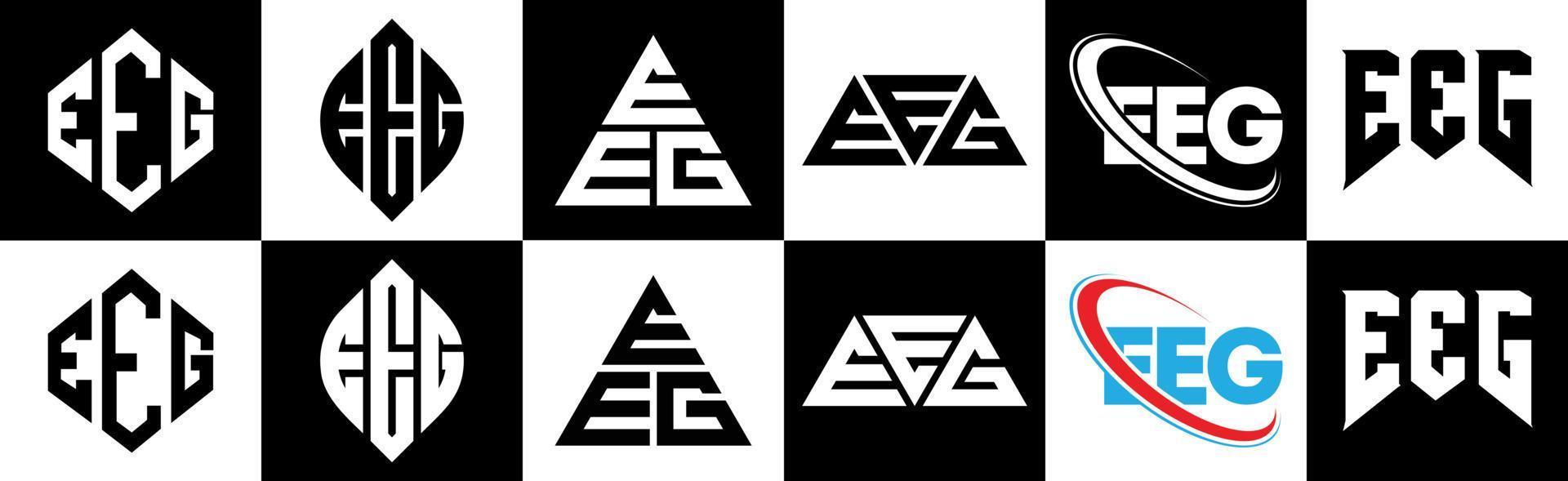 création de logo de lettre eeg dans six styles. eeg polygone, cercle, triangle, hexagone, style plat et simple avec logo de lettre de variation de couleur noir et blanc dans un plan de travail. logo minimaliste et classique eeg vecteur