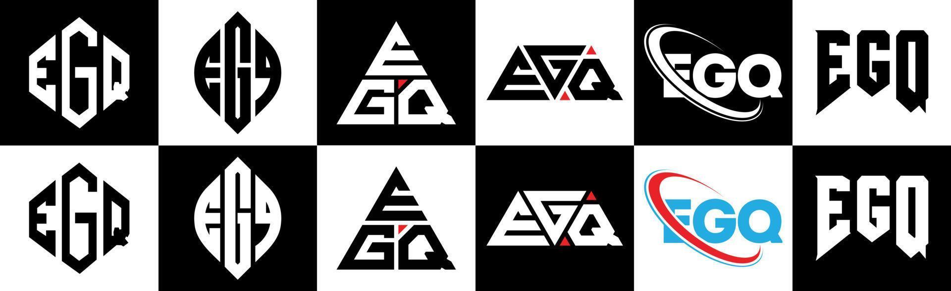 création de logo de lettre egq en six styles. egq polygone, cercle, triangle, hexagone, style plat et simple avec logo de lettre de variation de couleur noir et blanc dans un plan de travail. logo minimaliste et classique egq vecteur