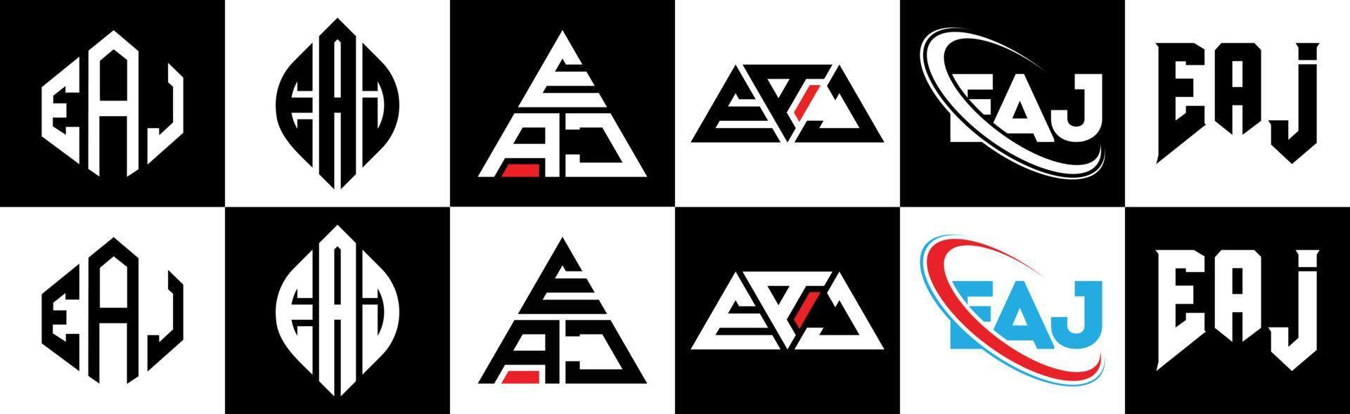 création de logo de lettre eaj en six styles. eaj polygone, cercle, triangle, hexagone, style plat et simple avec logo de lettre de variation de couleur noir et blanc dans un plan de travail. logo minimaliste et classique eaj vecteur