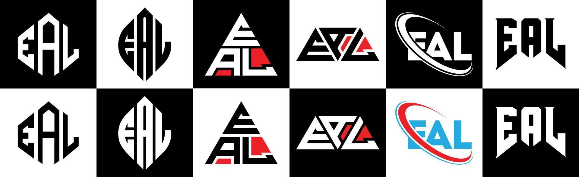 création de logo de lettre eal dans six styles. eal polygone, cercle, triangle, hexagone, style plat et simple avec logo de lettre de variation de couleur noir et blanc dans un plan de travail. eal logo minimaliste et classique vecteur