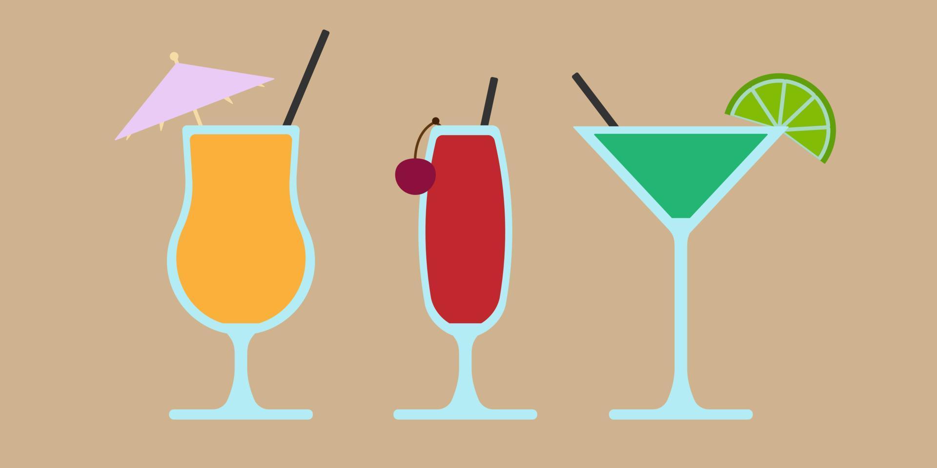 ensemble de cocktails. une illustration de boissons classiques dans différents types de verres. illustration vectorielle de cocktails d'été. bannière avec boissons gazeuses et alcoolisées. vecteur