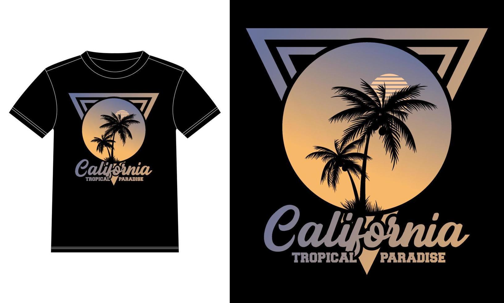 typographie de paradis tropical californien et palmiers avec graphiques de t-shirt aux couleurs du coucher du soleil, modèle de conception d'impression vectorielle, autocollant de fenêtre de voiture, pod, couverture, arrière-plan noir isolé vecteur