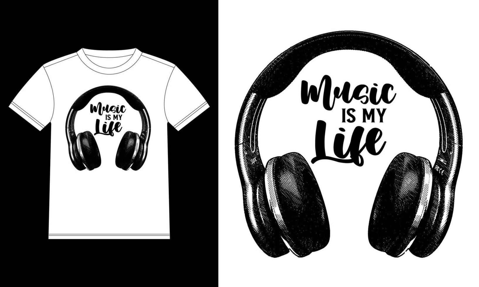 la musique est ma vie dessinée à la main avec un casque. modèle de conception de t-shirt, autocollant de fenêtre de voiture, pod, couverture, illustration vectorielle isolée sur fond blanc vecteur