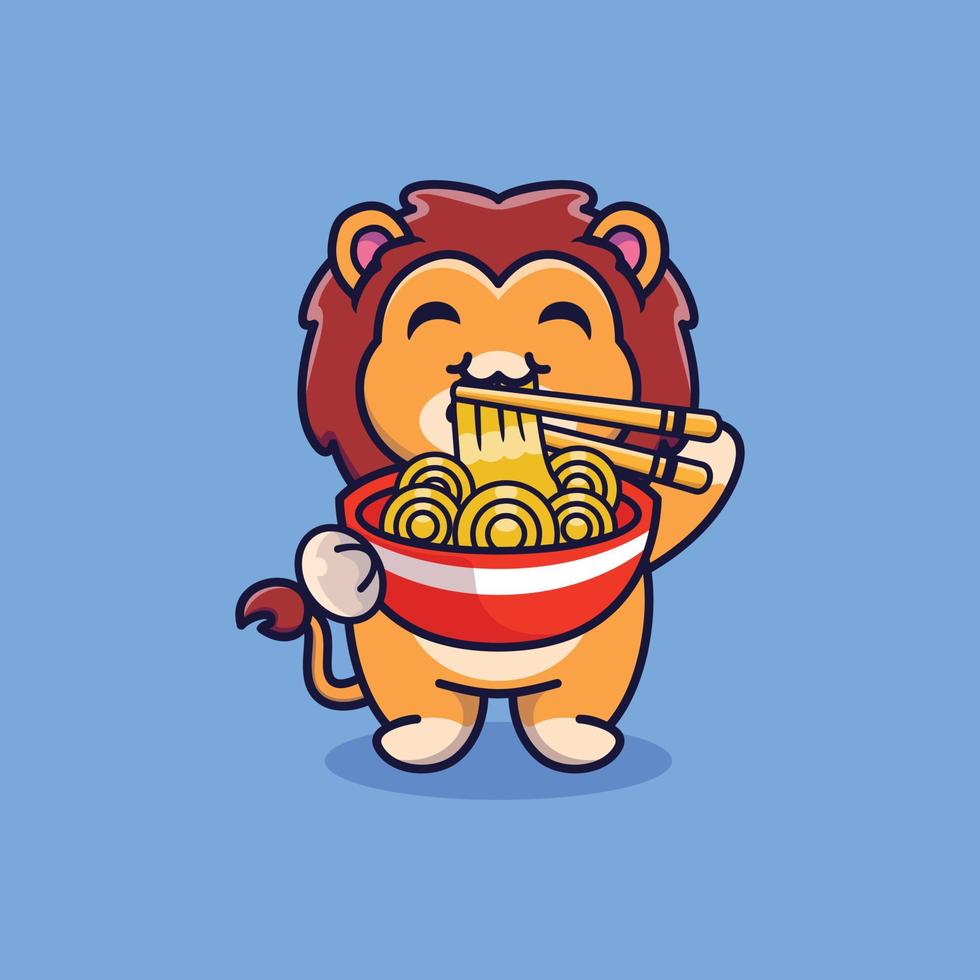 lion mignon debout mangeant des nouilles ramen avec des baguettes dessin animé icône illustration vecteur