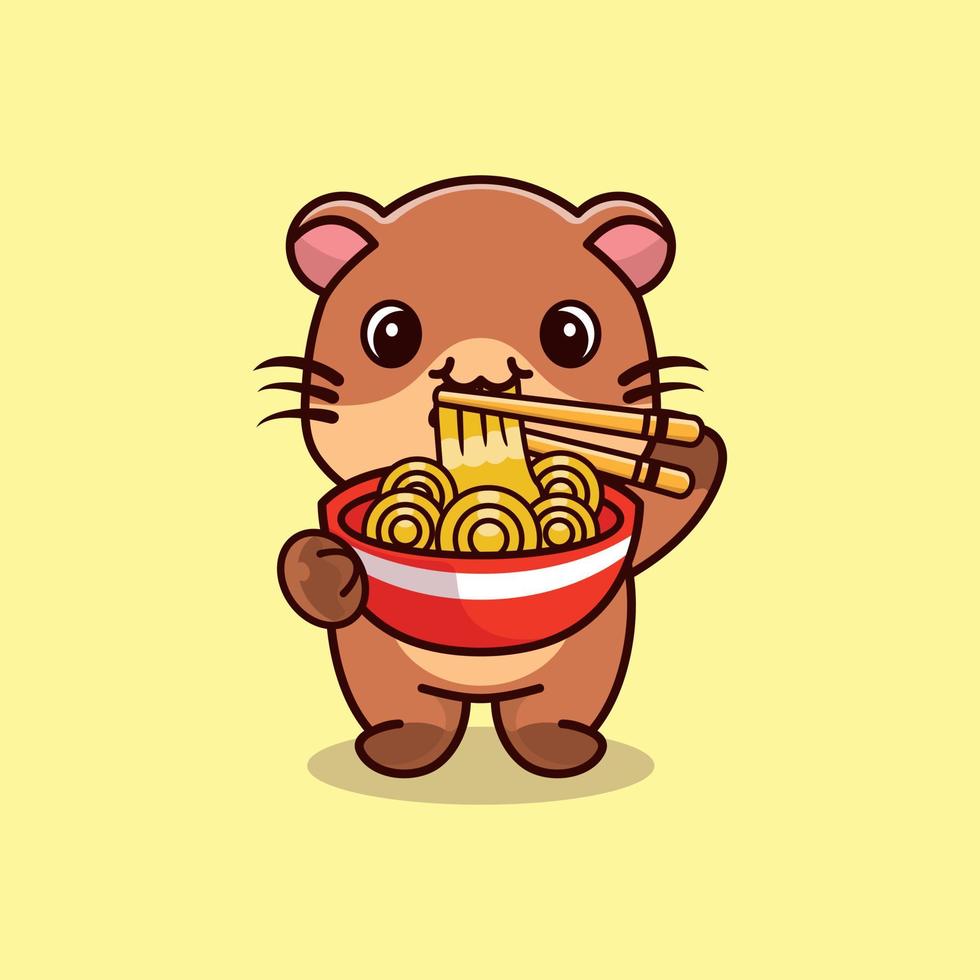 mignon loutre debout mangeant des nouilles ramen avec des baguettes dessin animé icône illustration vecteur