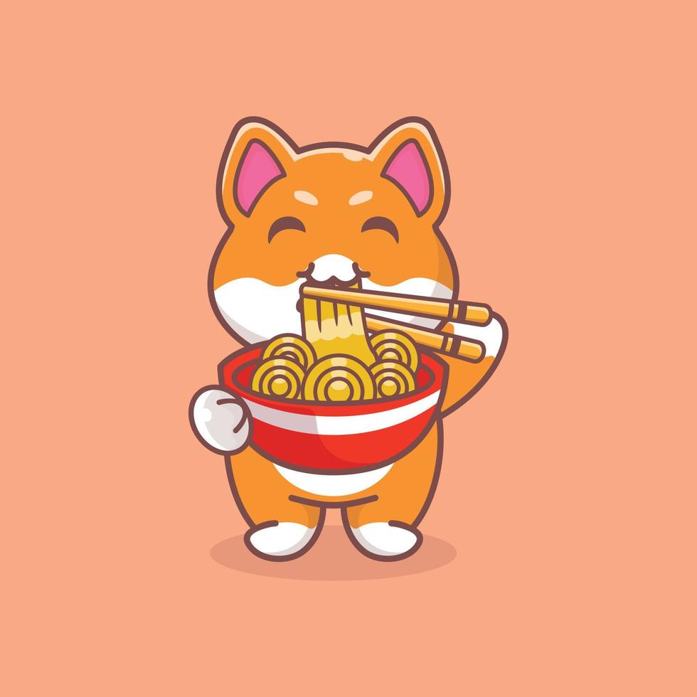 chien mignon debout mangeant des nouilles ramen avec des baguettes dessin animé icône illustration vecteur