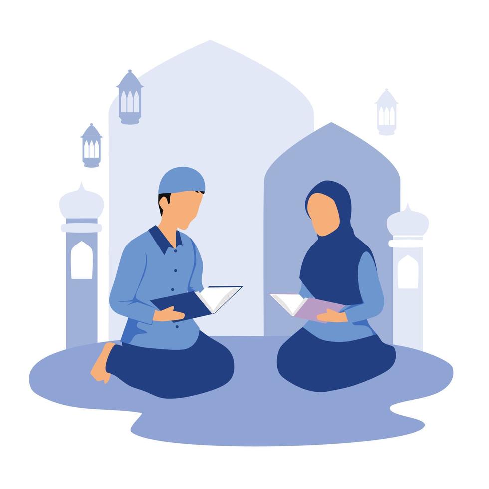 illustration islamique d'un couple musulman lisant le coran ensemble vecteur