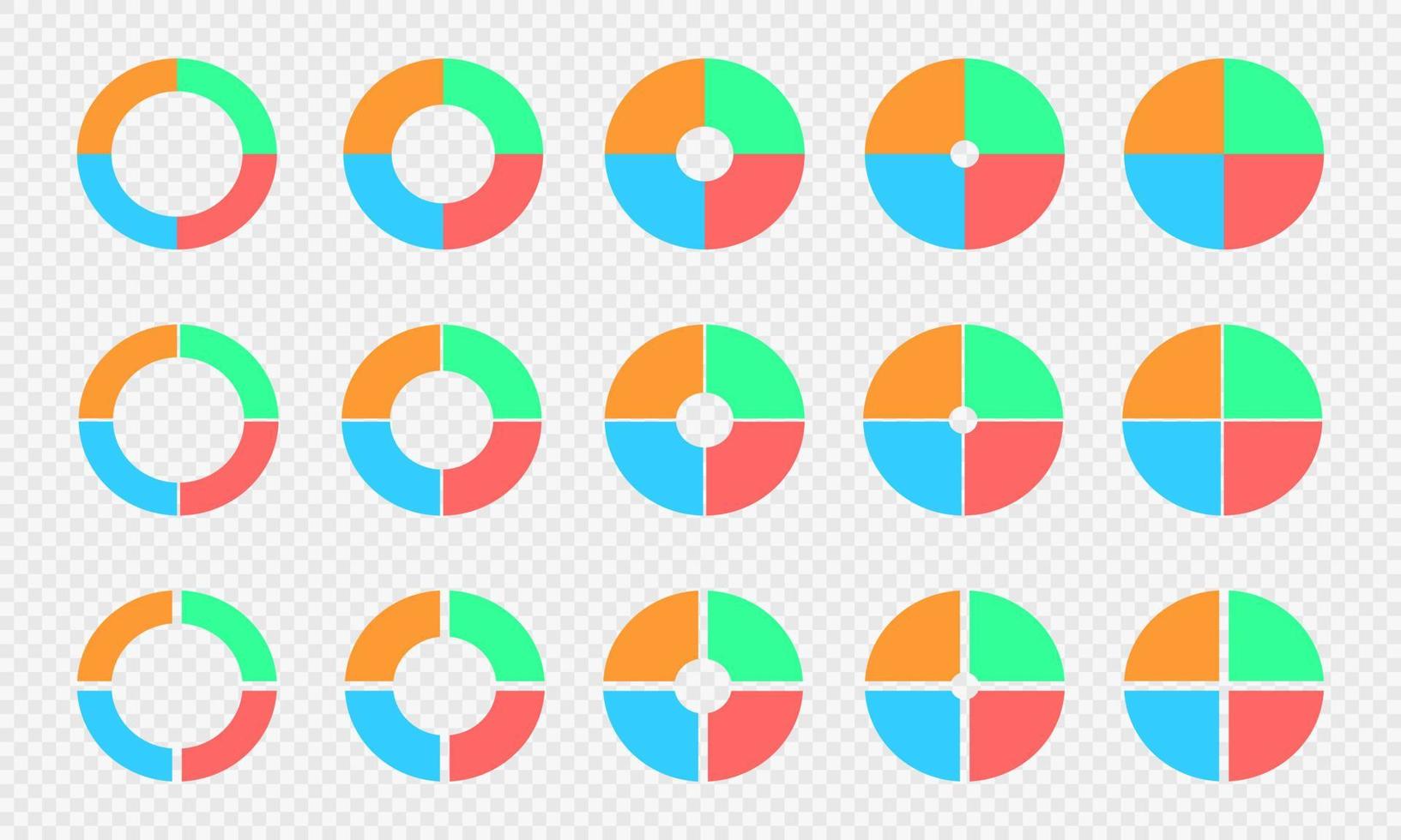 ensemble de graphiques à secteurs et à beignets. schémas circulaires divisés en 4 sections. roues infographiques colorées. formes rondes coupées en quatre parties égales isolées sur fond transparent vecteur