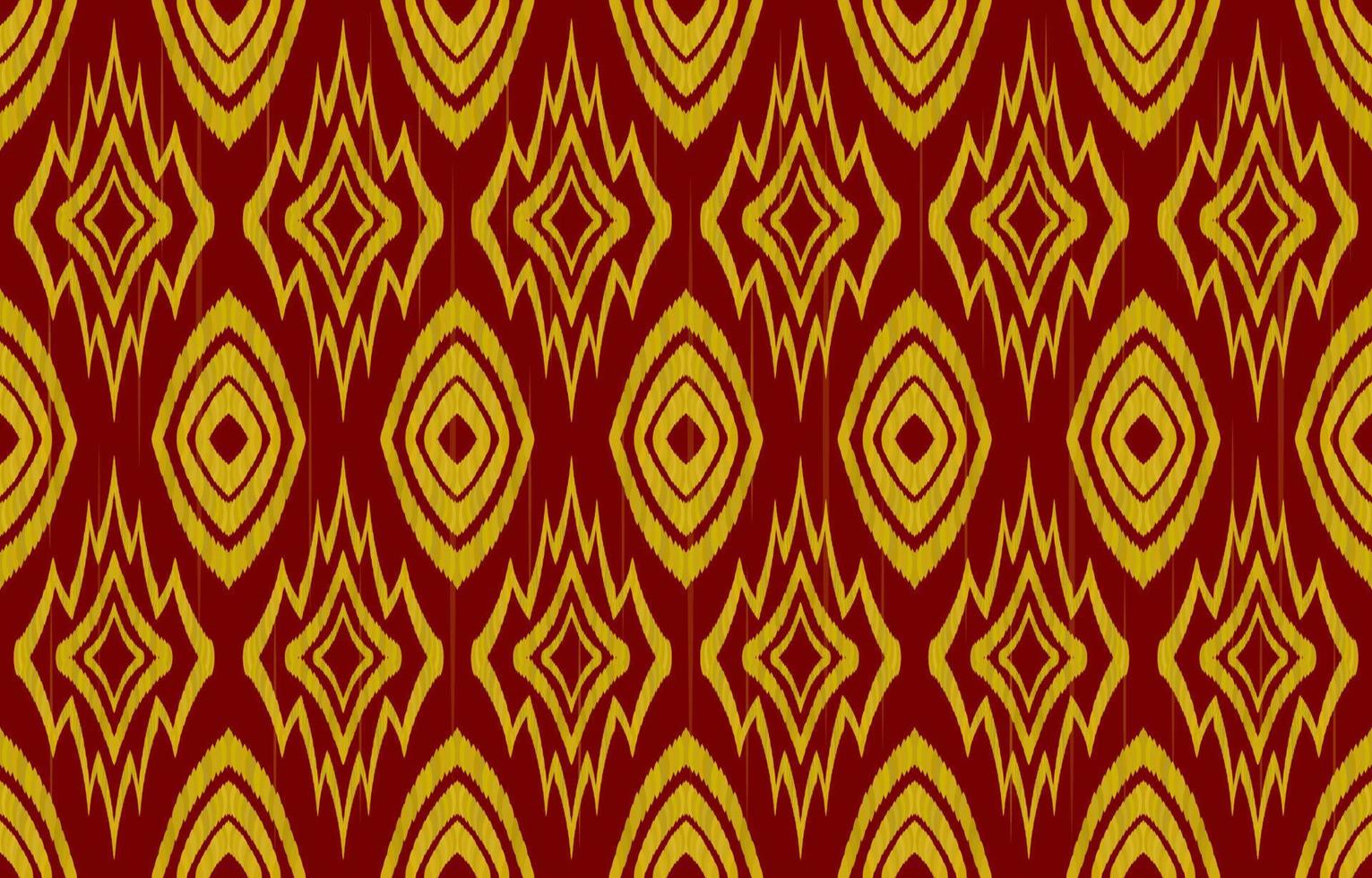 motif harmonieux de tissu doré orné ethnique ikat sur fond rouge. style rétro vintage géométrique tribal indien navajo aztèque. conception vectorielle pour décorer la toile de fond, la texture sans fin, le tissu, le textile. vecteur