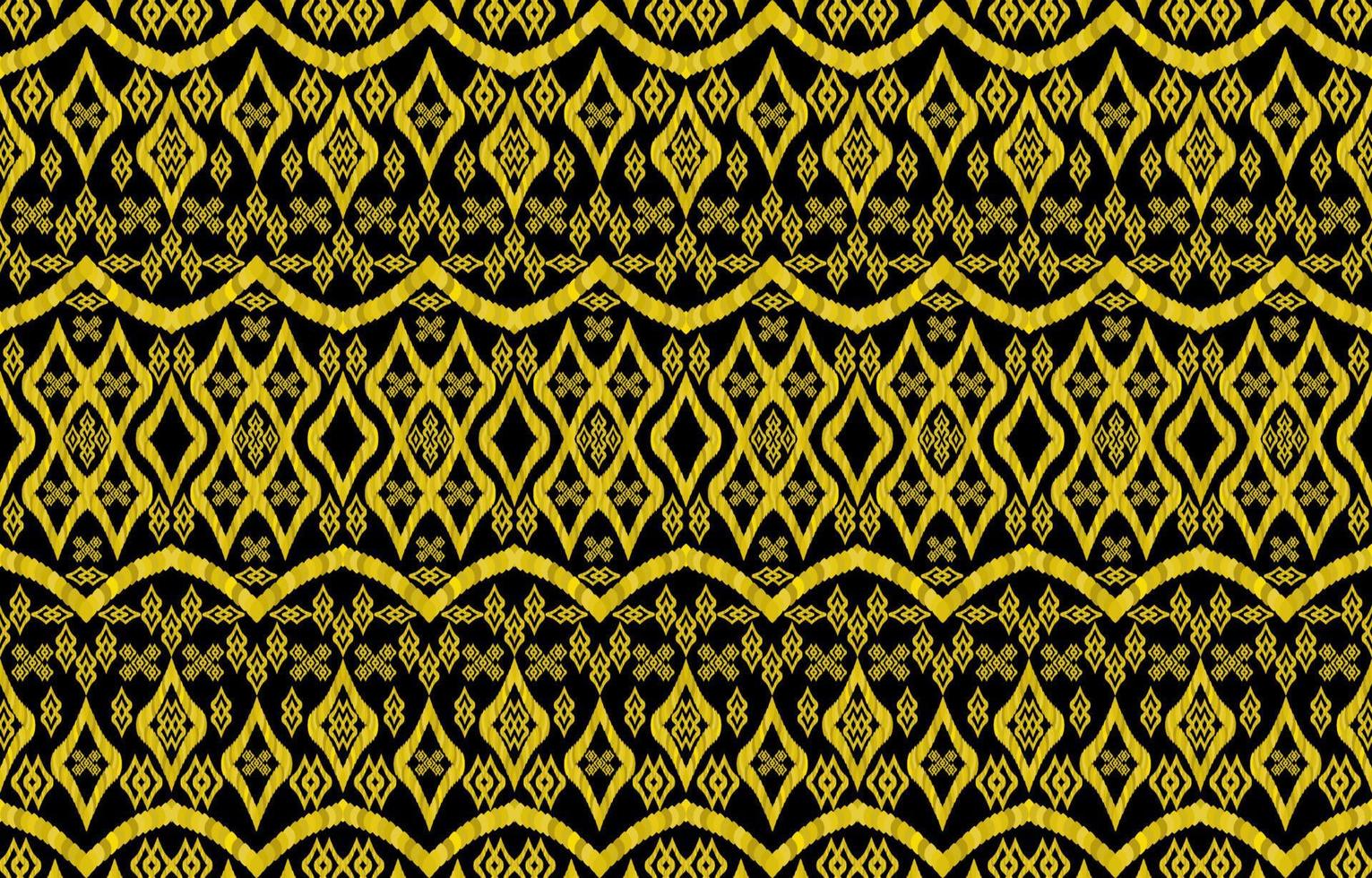 motifs ikat royaux dorés sur fond noir. style rétro vintage tribal géométrique. modèle sans couture de tissu ethnique ikat. vecteur d'impression indien navajo aztèque ikat. conception pour le textile de texture de toile de fond.