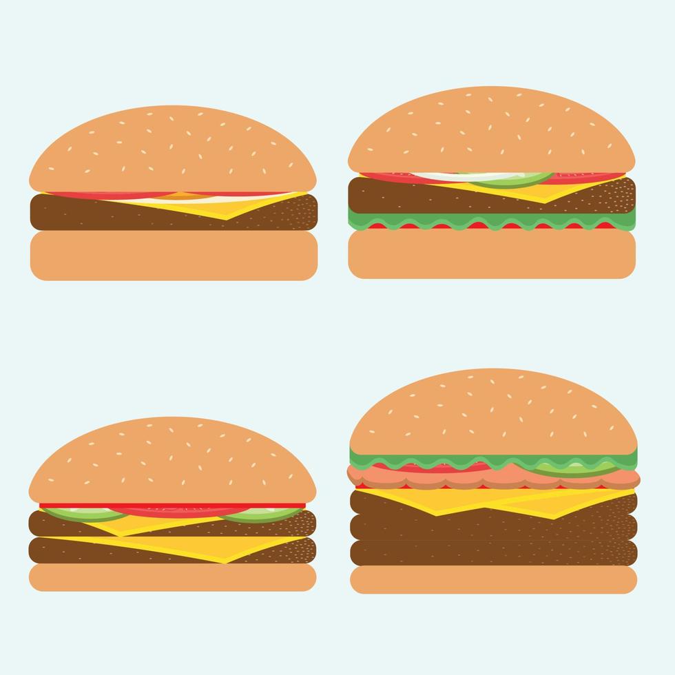 ensemble de quatre hamburgers. du simple cheeseburger au double et triple cheeseburger avec tomate et légumes. burger food vector illustration set vue de face. peut être utilisé pour la restauration rapide.