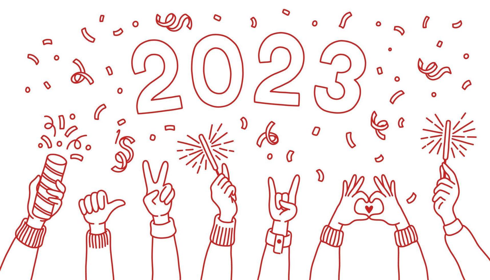 bonne année 2023. doodle mains de personnes qui célèbrent le nouvel an, vecteur de bannière