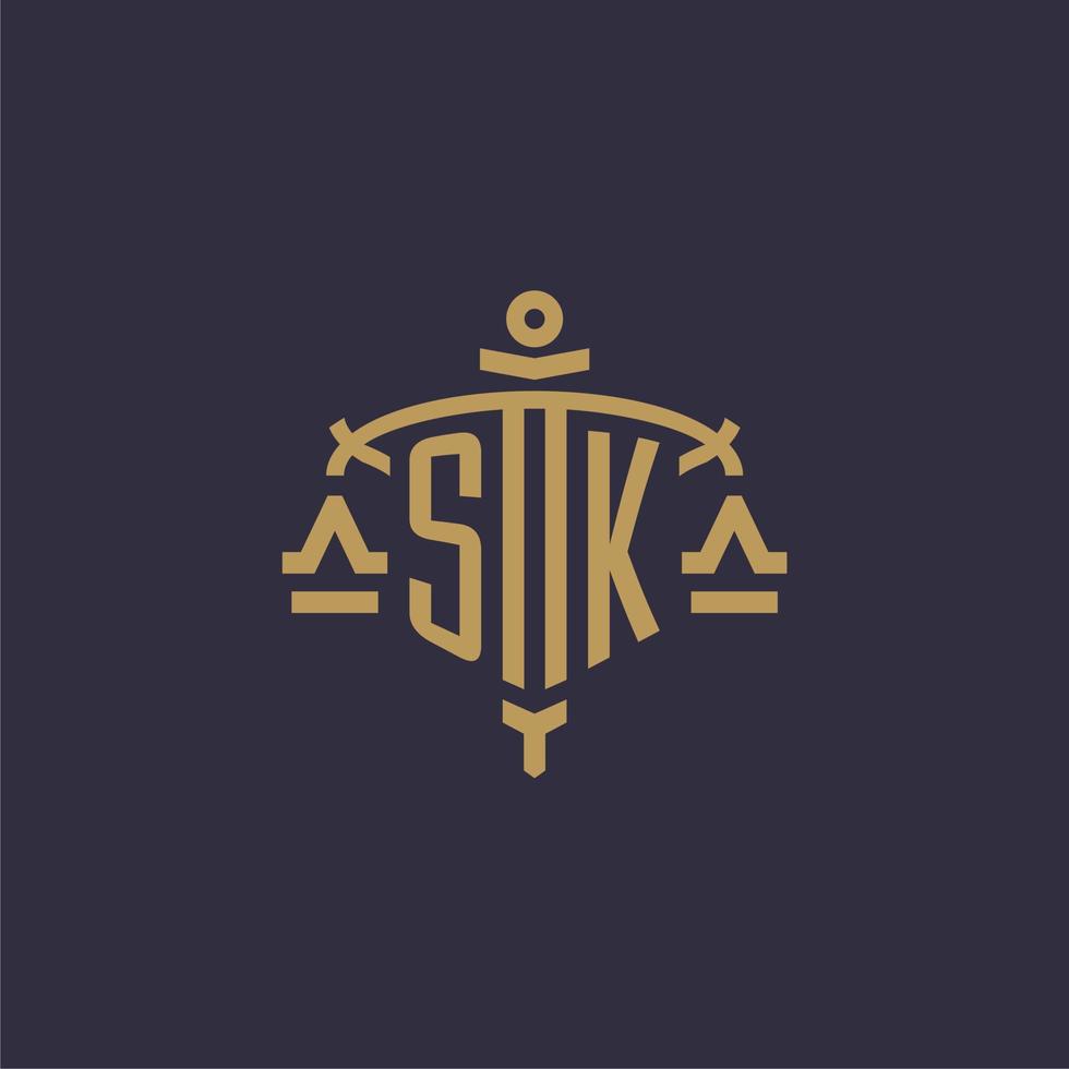 logo monogramme sk pour cabinet juridique avec échelle géométrique et style épée vecteur