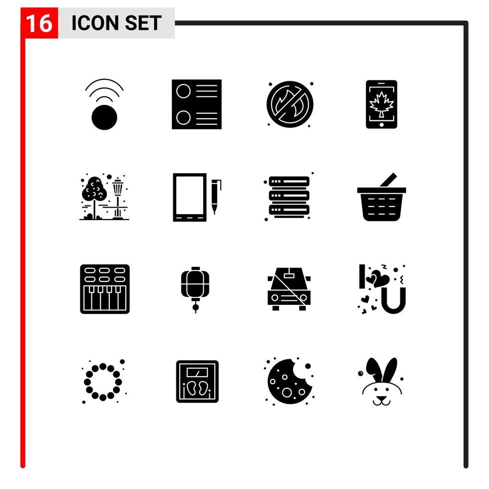 16 glyphes solides vectoriels thématiques et symboles modifiables d'éléments de conception vectoriels modifiables d'arbre de paysage urbain mobile de parc de cellules vecteur