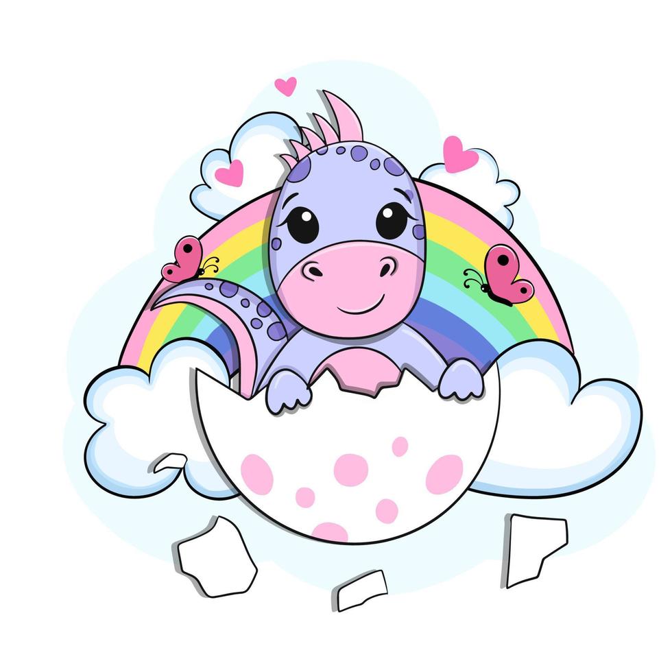 mignon petit dinosaure avec arc-en-ciel et nuages. vecteur de dessin animé