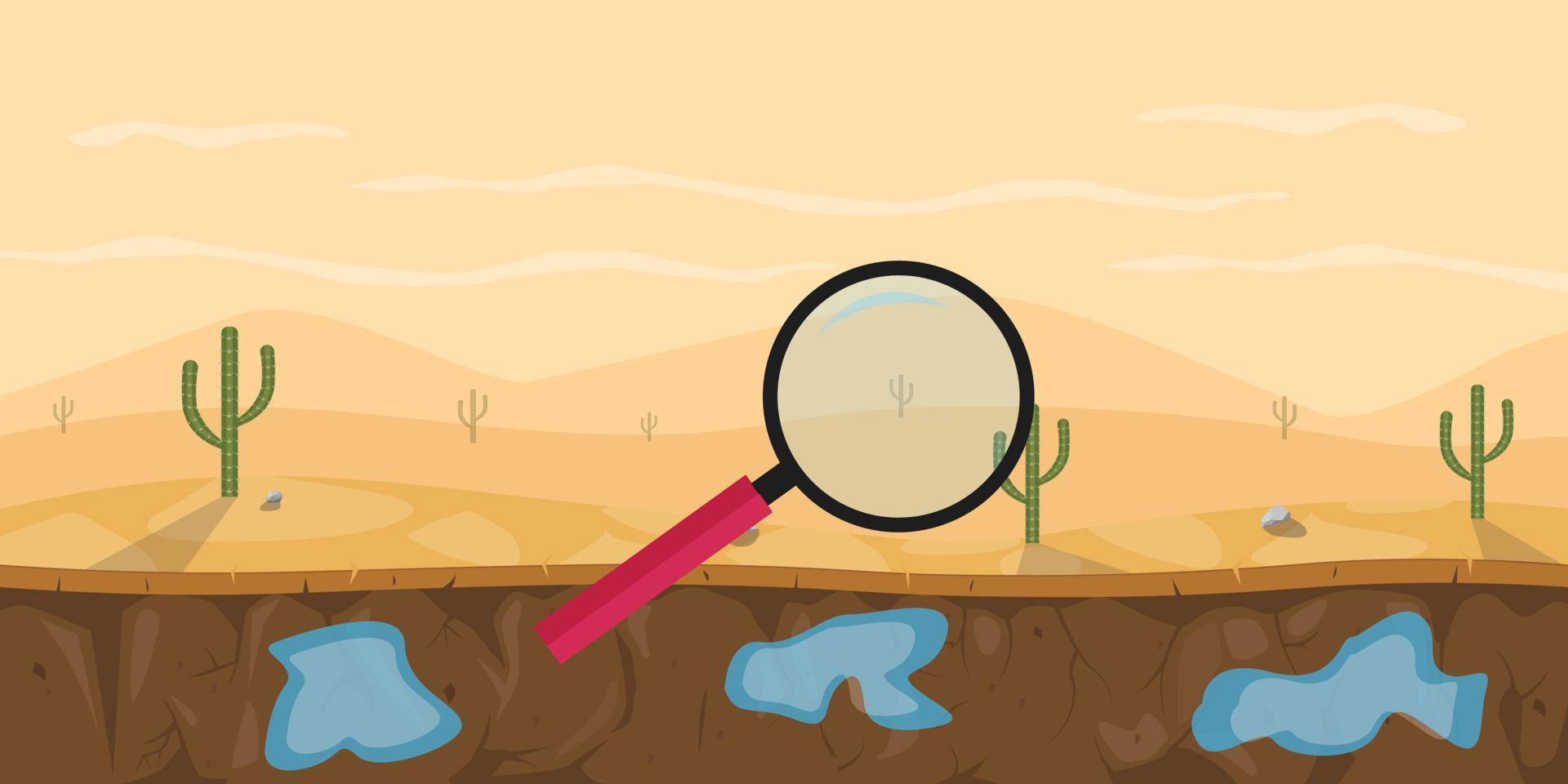 chercher ou trouver de l'eau dans le désert avec une loupe illustration graphique vectorielle vecteur