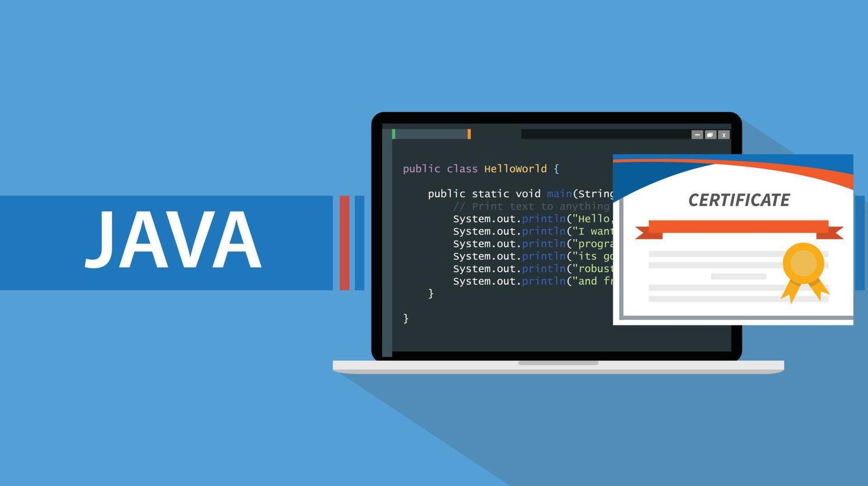 certificat de langage de programmation java avec ordinateur portable et script de code sur l'illustration vectorielle de l'écran vecteur