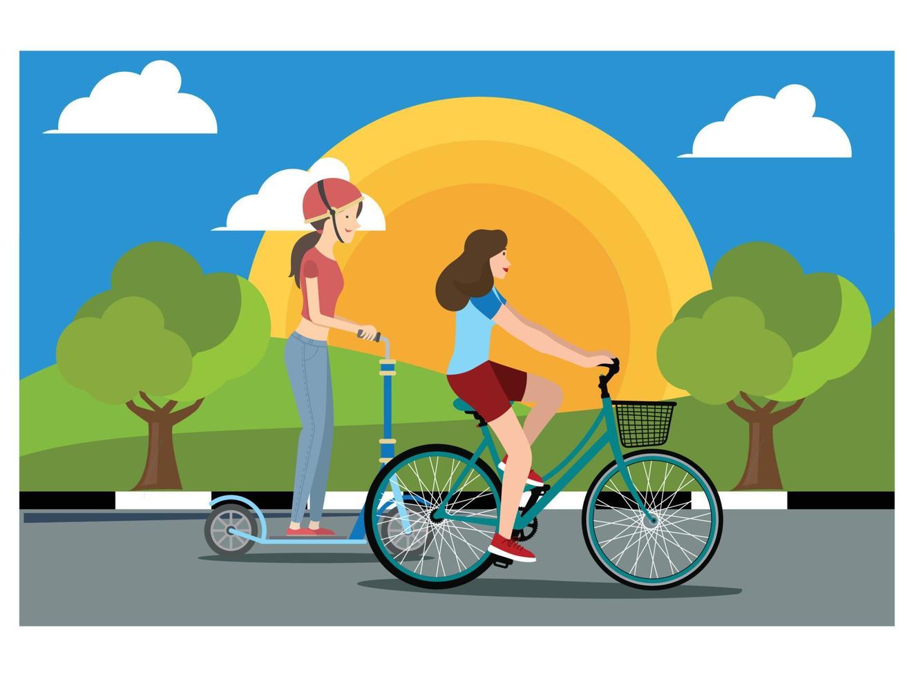 illustration des jeunes faisant de l'activité physique à l'extérieur dans le parc en faisant du vélo. illustration adaptée aux diagrammes, infographies et autres ressources graphiques vecteur