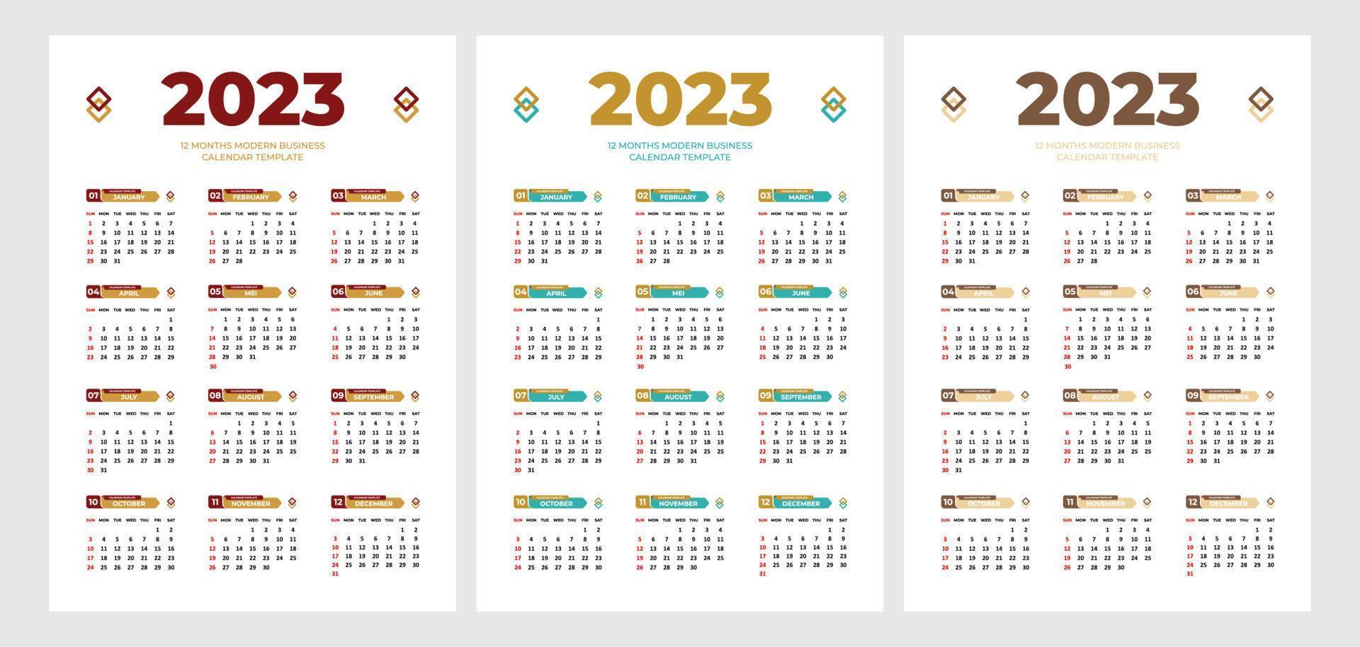 Modèle de conception de calendrier mural 2023. modèle de page modifiable au format a4 et 3 variations de couleur. 12 mois dans un calendrier d'une page vecteur