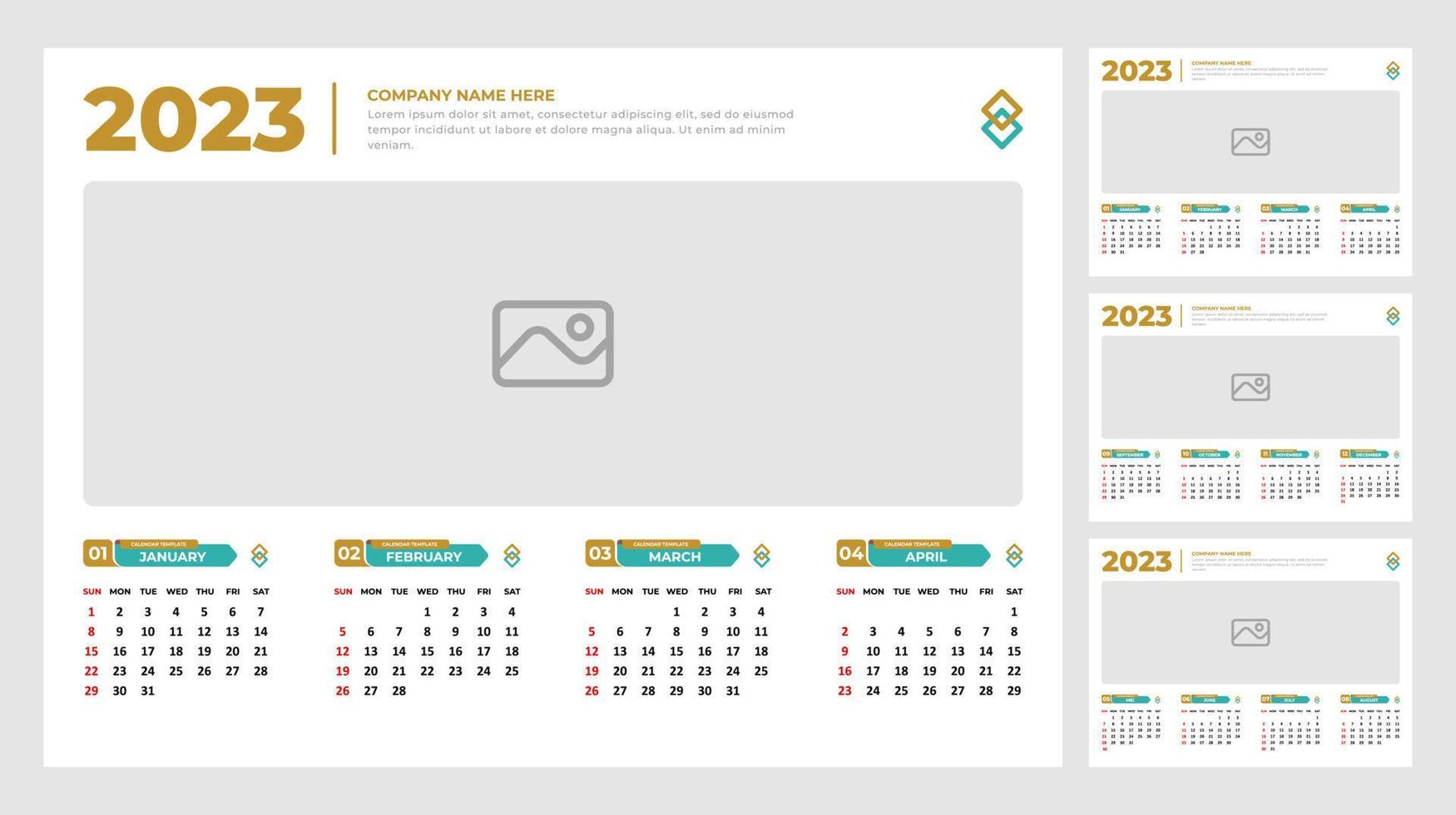 Modèle de conception de calendrier de bureau 2023. page modifiable et couleur avec espace réservé pour la photo. 4 mois dans chacune des pages du calendrier vecteur